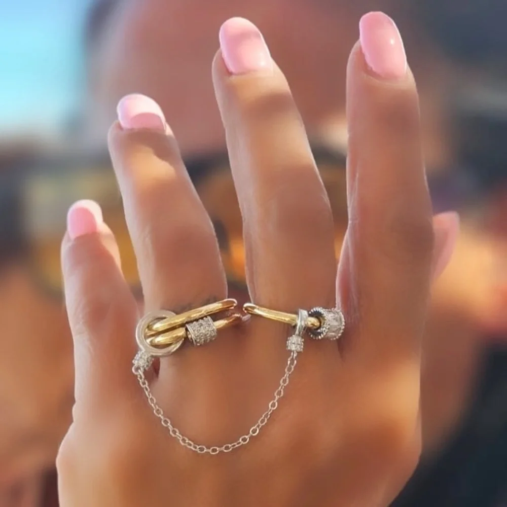 Gold & Silver Trio Adjustable Ring | Modern Chain Design - Picture 4 of 9